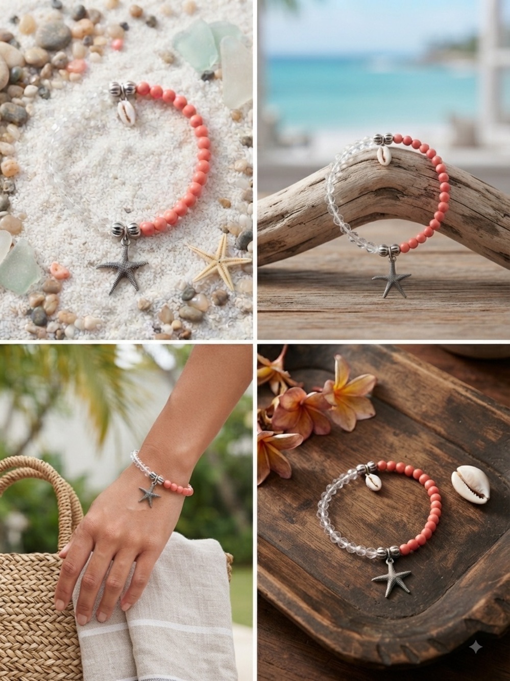 Handmade Crystal Real Seashell Starfish Bracelet - Beach Charm Coastal